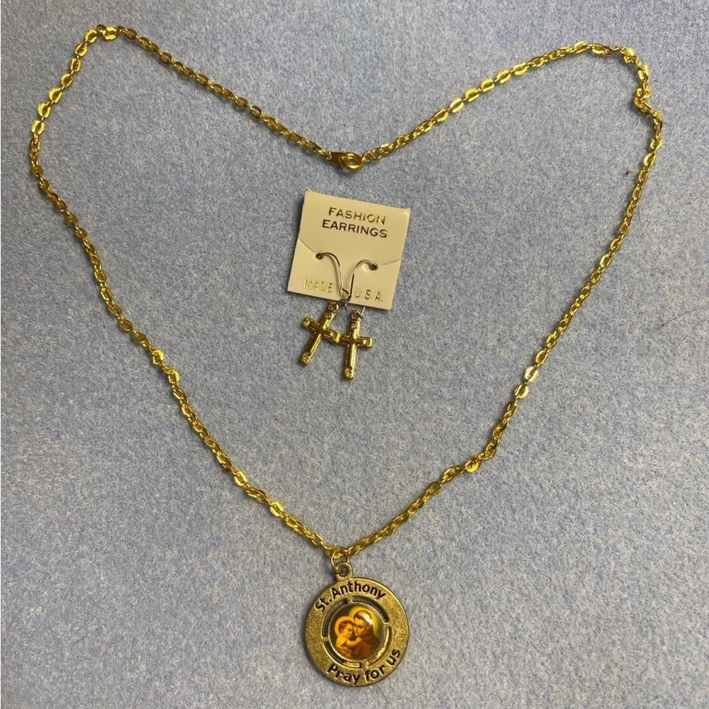 Saint Anthony Necklace and Cross Earrings Set